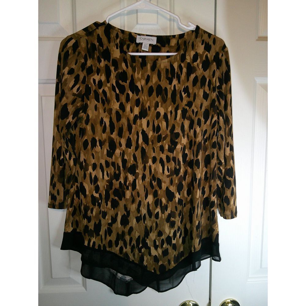 Carmen Leopard Print Layered Blouse w/Sheer‎ Hem 3/4 Sleeve Animal Print Top S/P